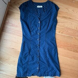 Madewell Indigo Denim Cap Sleeve Button-Down Dress, Embroidered Hearts, Size 2